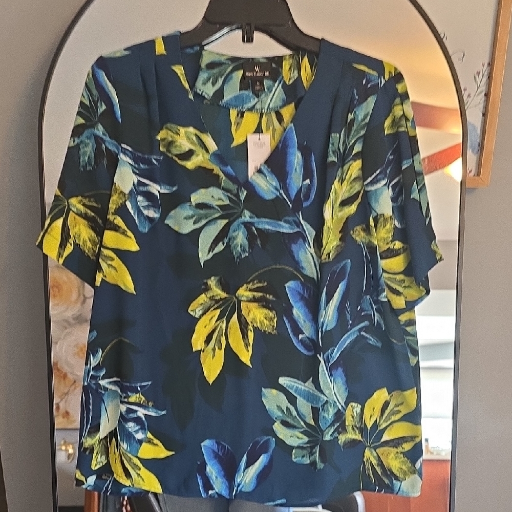 Worthington Navy Floral V-Neck Blouse with Yellow & Blue Leaves